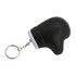 A black stress glove key ring with a metal chain, featuring a rounded design. It has a branded logo.