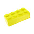 A bright yellow stress building block with several rounded knobs on top and a smooth surface. It has a logo.