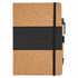 A cork notebook with a black band and a matching pen attached, featuring a branding logo.