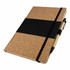 A cork-covered notebook with a black elastic band and a pen attached, featuring a simple design.