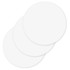 Three round, white cardboard coasters arranged together, featuring a logo. Suitable for home use.