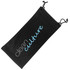 A black microfiber pouch with a drawstring closure and a logo in blue text.