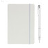 A white A5 notebook with a grey elastic band, accompanied by a matching white pen. Features a logo on the notebook.