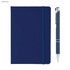 A dark blue A5 notebook with an elastic band and a matching pen, featuring a logo on the notebook.