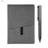 A grey notebook with a pocket and a silver pen, featuring a logo on the cover.
