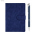 A dark blue notebook with a clasp and a matching pen beside it, featuring a sleek design.
