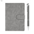 A grey notebook with a clasp and a matching pen beside it. The notebook has a smooth finish and a logo.
