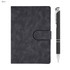 A black notebook with a clasp alongside a sleek black pen. The set features a logo on the notebook.