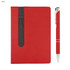 A red notebook with a black detail and a silver pen beside it. The notebook features a logo.