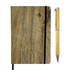 A wooden-look notebook with a black elastic band and a silver and bamboo pen beside it. The notebook has a natural texture.