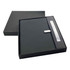 A black notebook and pen gift set presented in a sleek black box with an elegant closure and a ribbon.