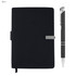 A black notebook with a silver clasp and a matching silver pen, featuring a logo on the pen.