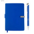 A light blue notebook with a matching pen, featuring a clasp and silver detailing. The set includes a logo.