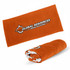 An orange beach towel featuring a logo, measuring 70cm x 140cm, shown both rolled and flat.