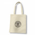 A cream tote bag with long handles and a circular logo featuring a tree design.
