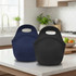 A neoprene lunch bag in navy and black, featuring carry handles, displayed in a kitchen setting.