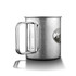A metallic silver titanium cup with a sturdy handle and a logo on the side.