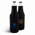 A drink bottle holder in black neoprene, featuring two designs and a logo on one side.