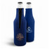 A drink bottle holder in navy blue neoprene, featuring two bottles with logos and a zippered design.