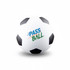 A high bounce soccer ball in white with black patches and a logo featuring the words "Pass the Ball".