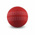 A red cricket ball with white horizontal stripes and a logo. It features a smooth, glossy surface.