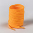 A spool of bright orange shoe laces arranged neatly with pointed ends. It features a logo on the packaging.