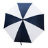 A folded umbrella featuring a navy blue and white canopy design, with a central handle and a logo visible.