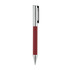 A red metal pen with a textured grip and chrome accents, featuring a clip and sleek design.