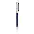 A metal pen with a navy blue grip and chrome accents, featuring a logo on the barrel.