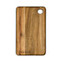 An acacia wood serving board featuring natural wood grain and a circular handle, along with branding in one corner.