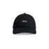 A black cap with a front logo and ventilation holes. Features a curved brim and adjustable strap at the back.