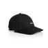 A black cap featuring an adjustable strap and a logo on the front. Ideal for casual headwear.
