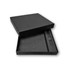 A black gift box with foam interior, containing a notebook and a pen. The box has a sleek, modern design.