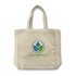 A cream canvas tote bag with two handles and a circular logo featuring green and blue leaves.