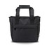 A black cooler bag with sturdy handles and a front pocket, featuring a logo.