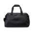 A black duffle bag made from recycled materials, featuring sturdy handles and a zipper closure. Includes branding.