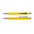 A yellow soft-touch pen with chrome accents and a sleek design, featuring a clip for easy attachment.