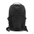 A black daypack with multiple compartments and adjustable straps, featuring a logo on its surface.