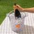 A transparent ice bucket filled with ice, holding a bottle of champagne, set on a checkered cloth with grass in the background.