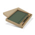 A green notebook and silver pen gift set packaged in a plain cardboard box.