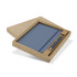A blue notebook and pen set in a brown gift box, featuring a logo on the notebook.