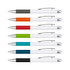 A set of eight pens in various colours, featuring white bodies and silver accents, with a logo on each pen.
