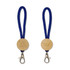 A blue loop keytag with a wooden circular attachment and a metal clip, featuring a logo.
