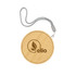 A round bamboo wireless charger with a grey strap and a logo on the surface.