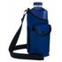 A drink bottle holder in navy blue neoprene, featuring a shoulder strap and a pocket, with a logo.
