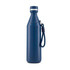 A drink bottle in a deep navy blue colour with a silver band and a carry strap. It features a logo on the body.
