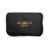 A black zippered pouch featuring a logo with green and orange text and a palm tree design.