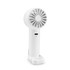 A rechargeable fan in white with a circular grille design, featuring a charging port and a stand.