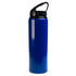 A blue drink bottle with a flip straw lid and a black cap, featuring a logo.