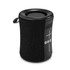 A cylindrical black speaker featuring a textured fabric covering and control buttons on one side.